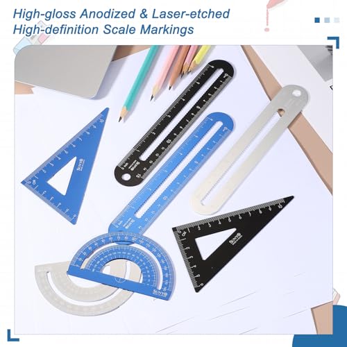 HARFINGTON 8pcs Triangular Ruler Set 15cm/6" Aluminum Alloy Straight Geometric Protractor Triangle Engineering Scale Drafting Ruler Kit Measuring Drawing Tool for Classroom Office Home, Black - color: Black