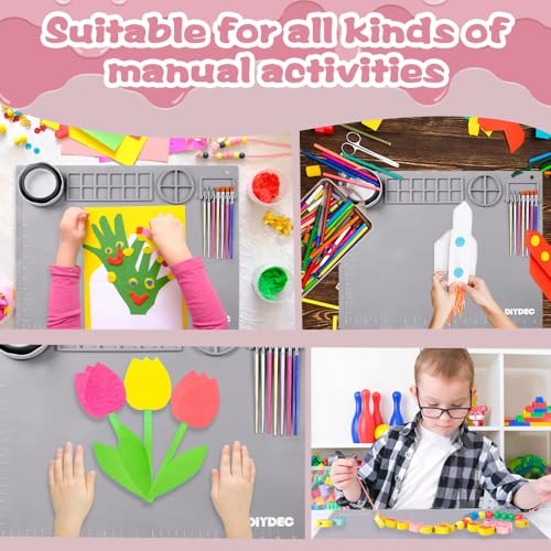 DIYDEC Silicone Craft Mat for Kids 20X16 Inch Large Silicone Art mat with Detachable Cup Painting Mat with 10 Painting Brushes Silicone Mat for Boy Girl DIY Gift Accessories (Grey) - color: Grey
