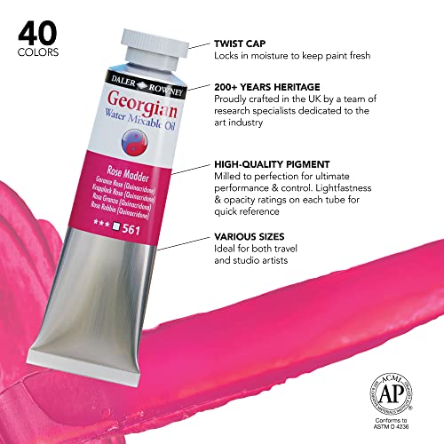 Daler Rowney Georgian Water Mixable Oil Paint Rose Madder 37ml Tube - Art Paints for Canvas Paper and More - Oil Painting Supplies for Artists and Students - Artist Oil Paint for Any Skill Set