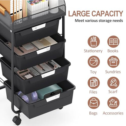 SYKIARIOL 4-Drawer Rolling Storage Cart with Mesh Top, Utility Craft Organizer Cart on Wheels with DIY Labels, Rolling Drawer Cart for Home Office Classroom Bedroom, Black - color: Black
