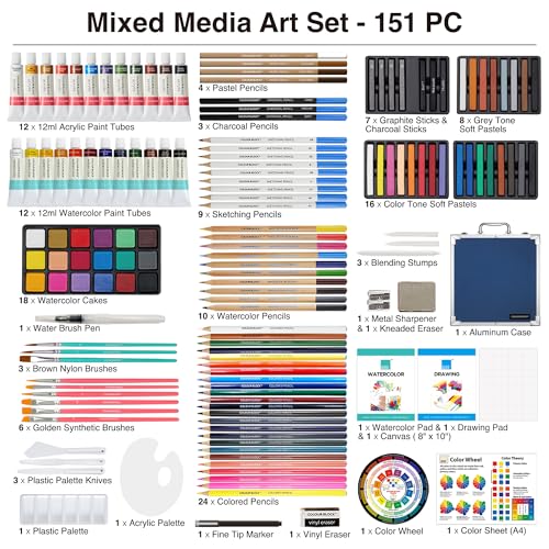 COLOUR BLOCK 151-Piece Professional Art Supply Set with Mixed Media, Paint Kit & Brushes in Aluminum Case, Complete Art Supplies for Adults, All Level Artists, Travel Art Set