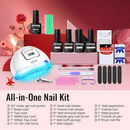 JODSONE Gel Nail Polish Kit with U V Light 32 Colors Gel Polish Nail + 4 Functional Adhesive Bottles Kit Soak Off Manicure Tools Gifts for Women - color: classic series