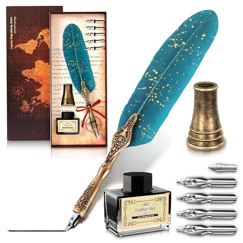 Feather Quill Pen and Ink Set – Stainless Steel Dip Pen Writing Quill and Ink Set with 5 Replacement Nibs, Non-Slip Knurled Grip, Display Stand and Elegant Gift Box – Calligraphy Gift Set (Turquoise) - color: Turquoise