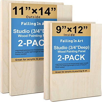 Falling in Art Unfinished Birch Wood Canvas Panels Kit, 4 Pack of 2 Sizes 11x14' and 9x12' Studio 3/4’’ Deep Cradle Boards for Pouring Art, Crafts, Painting, and More - size: 9*12 11*14 2-Pack