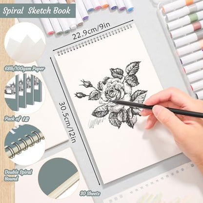 12 Pack Sketch Book, 9 x 12 Inch Sketchbook, 68lb/100gsm Top Spiral Bound Sketch Pad, Acid Free Art Supplies Drawing Painting Sketching Paper for Adults, Beginners, Artists (30 Sheets Each) - color: Light Cyan, size: 9 × 12Inch（12 Pack）