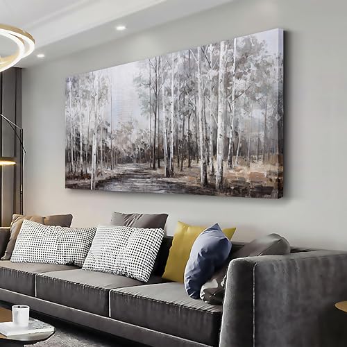 White Birch Tree Wall Art Grey Forest Painting Abstract Canvas Art Landscape Panoramic Picture Nature Artwork Framed for Living Room Bedroom Dinning Room Home Office Wall Decor 59"x28" - color: Grey, size: 58"L x 29"W