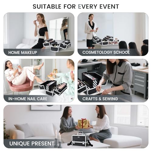 FRENESSA Makeup Train Case Makeup Case 12.6 Inch Large Cosmetic Box Organizer Travel Storage Professional Make Up Train Carrying Case with 6 Trays Locking Shoulder Strap Hard Vanity Storage Black - color: Black