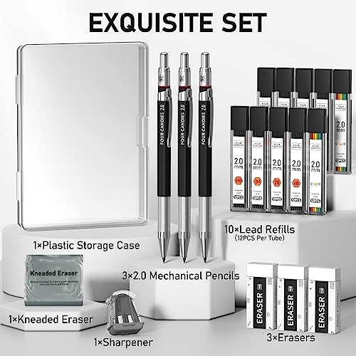 Four Candies 19PCS 2MM Mechanical Drawing Pencils with Case, Metal Art Lead Pencil with 120 Graphite Lead Refills (HB 2H 2B 4B Color), Kneaded Eraser, Sharpener, for Drafting, Drawing, Sketching - size: 19 Piece Set