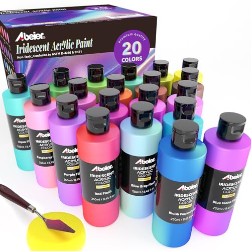 ABEIER Iridescent Acrylic Paint, Set of 20 Chameleon Colors, 8.45 oz/250ml Large Bulk Bottles, Color-shifting, Non-Toxic, High Viscosity, Blendable, Paints on Rocks Crafts Canvas Wood, Fabric, Ceramic & Stone - color: 20 Colors
