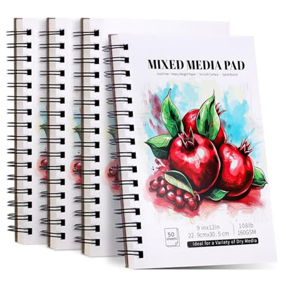 4 Pack Mixed Media Sketchbook, 9x12 inches Drawing Paper Sketch Book, 98lb/160gsm Heavyweight Spiral Bound Sketch Pads, Suitable for Wet and Dry Media, Drawing, Painting, Sketching(200 Sheets) - color: fruit, size: 9 x 12 inch (4 pack)