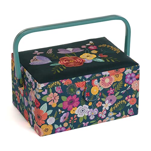 Hobby Gift Medium Sewing Box Organiser, Fabric Covered Storage Box with Handle, Internal Tray, Pin Cushion and Pocket for Sewing, Quilting and Knitting Supplies - color: Floral Garden