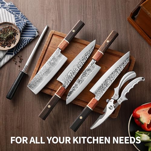 Japan Knife Set, High Carbon Steel Japan Nakiri Santoku Knife Set, Hand Forged Meat Cleaver Butcher Knife with Accessories for Kitchen, Camping BBQ Knives Set with Bag
