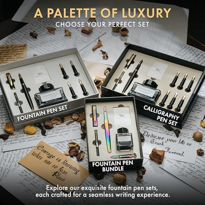 Wordsworth & Black Fountain Pen Set, 18K Gilded Medium and Extra Fine Nib, 25ML Black Ink Bottle, 6 Ink Cartridges,Refill Converter, Gift Box,Smooth Writing Pens [Rainbow],Gift Set for Men and Women - color: Rainbow