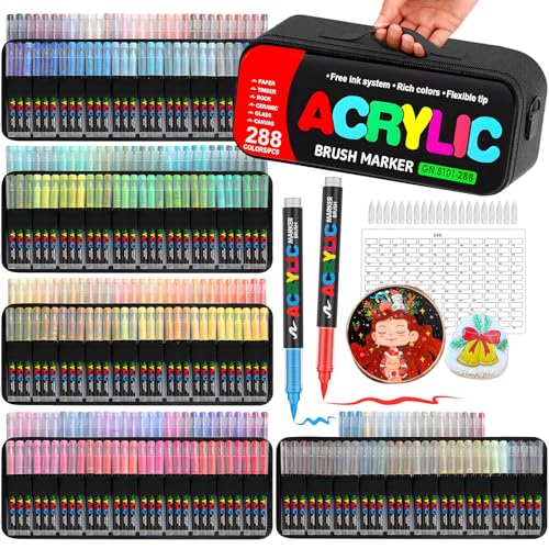288 Colors Acrylic Paint Markers with Automatic Ink Control System, Soft Brush Tip Acrylic Markers for Paper, Rock, Wood, Canvas, Glass and Ceramic Art Supplies, Paint Pens & Paint Markers with Bag - style: 288BAG