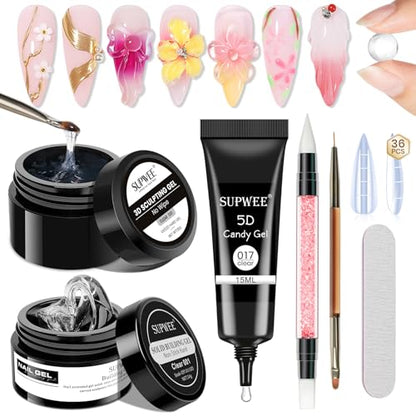 3d Gel Nail Art Set: Non Stick Hand Solid Builder Gel, No Wipe 3d Gels, 15g 3d Sculpting Gels All-in-1 Kit for Carving Moliding Extension Home DIY Manucure for Women Girls - color: Clear Clear and Clear