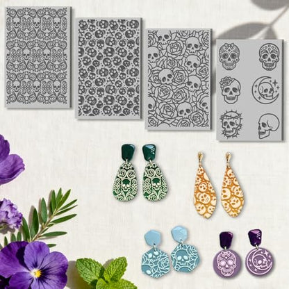 4 Sheets Retro Skull Clay Texture Mat Easter Rose Polymer Clay Texture Sheets DIY Tools for Pottery Earring Jewelry Making Stamp Engraving Machines, 3.9x2.6inch - style: Retro Skull