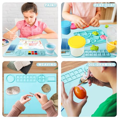 DIYDEC Silicone Craft Mat 20X16 Inch Large Silicone Art mat with Detachable Cup Painting Mat with 10 Painting Brushes Silicone Drawing Mat Sheets for Kids Adult DIY Accessories (Blue) - color: Blue