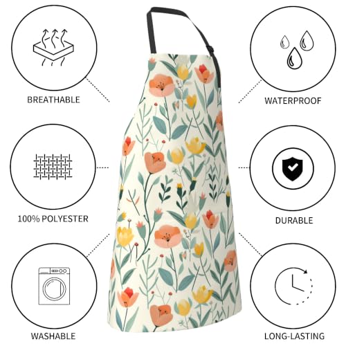 Cream Pastel Wildflower Art Waterproof Apron with Pockets | Garden Aprons for Men Women Adjustable Bib Apron for Cooking Kitchen Baking BBQ Painting Housework Oil Resistant - color: Rich Botanical Print