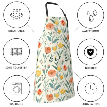 Cream Pastel Wildflower Art Waterproof Apron with Pockets | Garden Aprons for Men Women Adjustable Bib Apron for Cooking Kitchen Baking BBQ Painting Housework Oil Resistant - color: Rich Botanical Print
