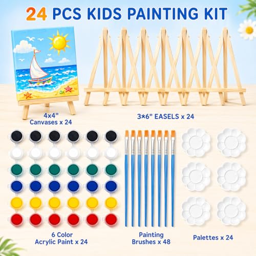FLUXOJOY 24 Pack Kids Painting Kit, DIY Canvas Painting Set with Easels, Acrylic Paints, Brushes & Palettes, Summer Art Craft Kit for Kids Ages 4-8, Party Favors Classroom Activities Gift