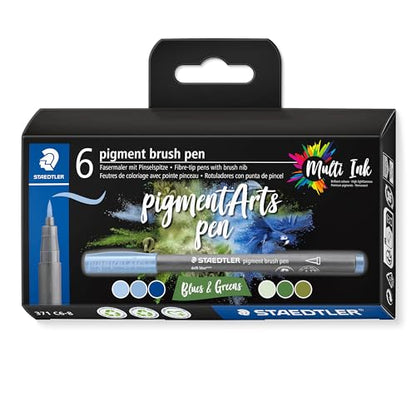 STAEDTLER 371 C6-8 Pigment Arts Brush Pen - Assorted Blue & Green Colours (Pack of 6) - color: Blues & Greens