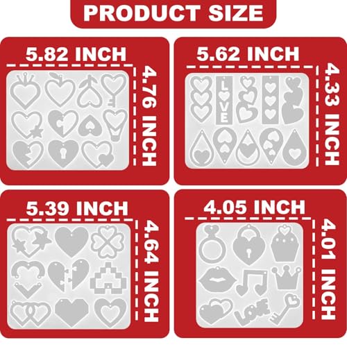 4 Pack Resin Earring Molds with Holes, Resin Jewelry Molds Variety Heart Lips Crown Keys Lock Waterdrop Musical Notes Love, Shape Silicone Earring Pendant Bracelet Charm Mold - color: 4 PCS Love Heart Resin Earring Molds