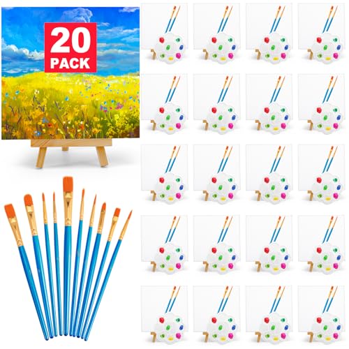 20 Pack Mini Canvas and Easel Set, 5.9 X 5.9 inch Canvas for Drawing, Mini Painting Canvases with 50 Brushes & 20 Paint Trays, Art Painting Kits for Birthday Party Favors