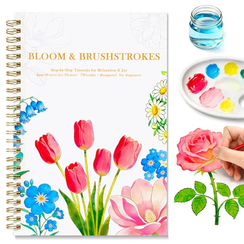 Creazic Watercolor Workbook for Beginners, Floral Water Coloring Book, 16 Sheets, 140lb/300gsm Cold Press Watercolor Paper, Step-by-Step Watercolor Guide for Stress Relief & Fun Painting (Book Only) - color: Floral Themed