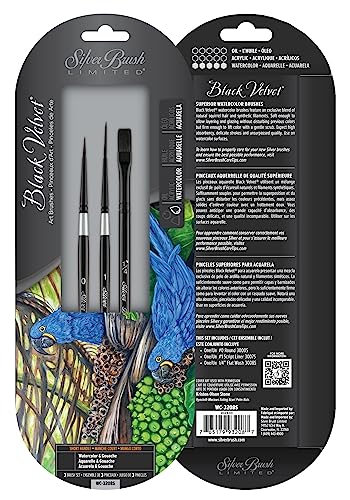 Silver Brush Limited WC-3208S Black Velvet Variety Set, Professional Premium Artist Paintbrushes for Watercolor, Gouache, Inks, & Dyes, Set of 3, Round, Script Liner, & Flat Wash Brushes, Short Handle - color: Variety Set, size: 3 Pc
