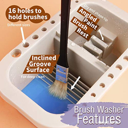 Multi-Use Paint Brush Basin with Brushes Holder,Washer,Trays,Palette Box-Artist Cleaner Cup for Watercolor Oil Acrylic Gouache Painting with Lid