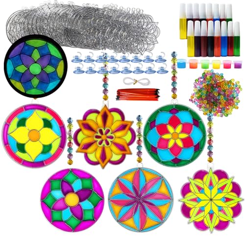 Ayhuhra 30 Sets Mandala Suncatchers Craft Kits Stained Glass DIY Window Paint Art Flower Suncatcher Kits for Spring Summer Party Activities Art Project Party Favors (Mandala) - style: Mandala