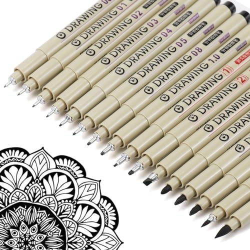 Muchcute Micro Fineliner Drawing Art Pens: 16 Black Fine Line Waterproof Ink Set Artist Supplies Archival Inking Markers Liner Professional Sketch Outline Anime Sketching Watercolor Zentangle Stuff - color: 16 Tip Sizes
