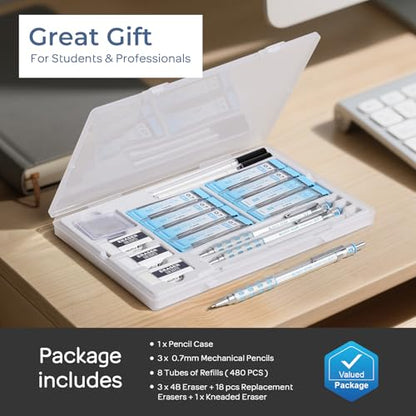 Nicpro Blocky Gear Mechanical Pencils 0.7 mm with Case, 3 Pack Drafting Pencil with 8 Tube (480PCS) Lead Refills(HB 2B), 4 Erasers, 18 Eraser Refills for Art Writing, Sketching Drawing - style: 0.7mm
