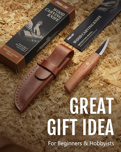 ravs Whittling Knife with Leather Sheath, Wood Carving Knife with High Carbon Steel Blade, Titanium Coating Sloyd Knife with Ergonomic Handle, Wood Carving Tools for Beginners & Professionals