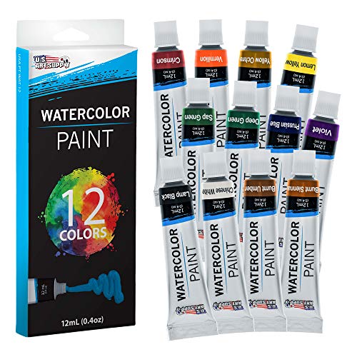 U.S. Art Supply 12-Color Water Colors Paint Set, 12ml Professional Watercolor Tubes, Vibrant Pigments - Water Colors Paint Adult Set for Artists - size: 0.4 Fl Oz (Pack of 12)