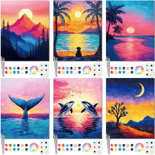 Dinifee 6 Pack Pre Drawn Canvas for Painting Pre Printed Canvas Kit 8 x 10 Inch Stretched Cotton Paint and Sip Set for Adults Couple Party Graduation Summer Date Night(Sunset) - style: Sunset