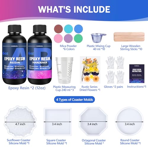 KISREL Epoxy Resin Kit for Beginners, 12OZ Resin Kit with Silicone Coaster Molds, Complete Accessories Include Mica Powders, Dried Flowers, Measuring Cups and Other Resin Supplies for DIY - size: 12oz kit
