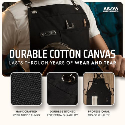 Asaya Chef and BBQ Apron with Bottle Opener and Hand Towel - 10oz Cotton Canvas, Stainless Steel Hardware - Cross Back Straps - color: Black