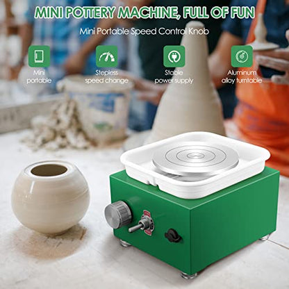 Mini Pottery Wheel Machine for Adults & Beginners, 2 Turntables (3.94" & 2.56") | 0-2000 RPM Adjustable Speed Pottery Machine Removable Splash Tray Ceramic Making Kit Includes 8 Sculpting Tools - color: Green