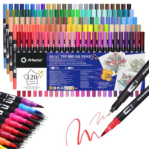 Artecho 120 Colors Markers for Adult Coloring Books, Dual Tip Markers for School, Fine and Brush Tip for Adults Coloring Books, Calligraphy, Drawing, Sketching - style: 120 colors
