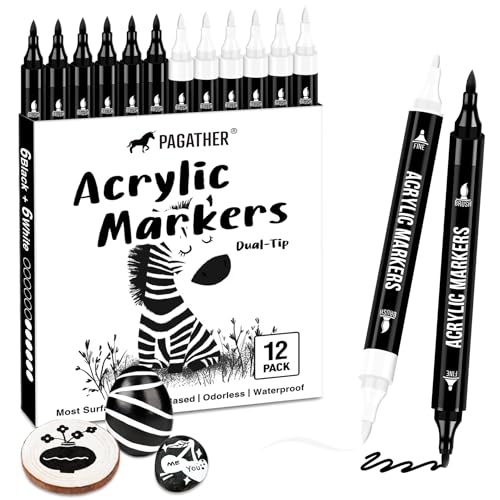 Pagather Black and White Acrylic Paint Markers, 12 Pack Dual Tip with Fine Tip and Brush Tip Pens for Stone, Wood, Calligraphy, Canvas, Ceramic, Metal, Glass, Rock Painting, DIY Crafts - color: 12 Black and White