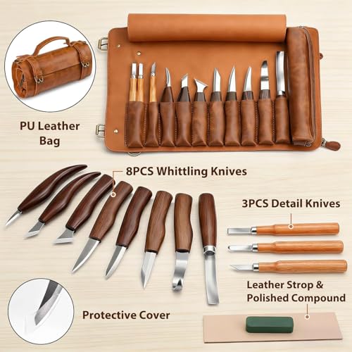 Tekchic Wood Carving Kit Deluxe-Whittling Knife, Wood Carving Knife Set, Wood Whittling Kit for Beginners, Carving Knife Woodworking Wood Carving Tools Set with Large Leather Case - color: Brown