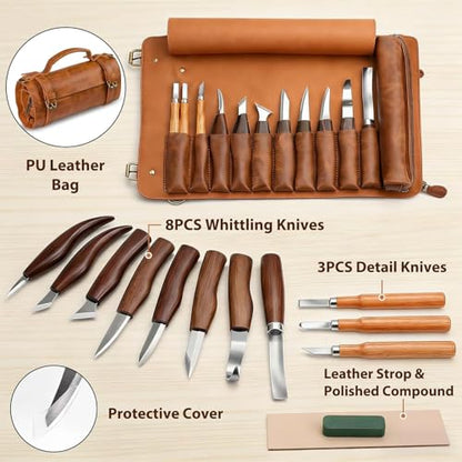 Tekchic Wood Carving Kit Deluxe-Whittling Knife, Wood Carving Knife Set, Wood Whittling Kit for Beginners, Carving Knife Woodworking Wood Carving Tools Set with Large Leather Case - color: Brown