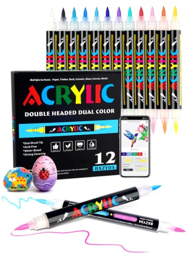 Brled 24 Colors Acrylic Paint Markers 12 Dual-Color Brush Tips Paint Pens | Automatic Ink Control, Dedicated APP, Two Colors Per Pen, Water-based, Multi-surface, Non-toxic and Safe, Gift Idea - color: 24 Colors 12 Pack