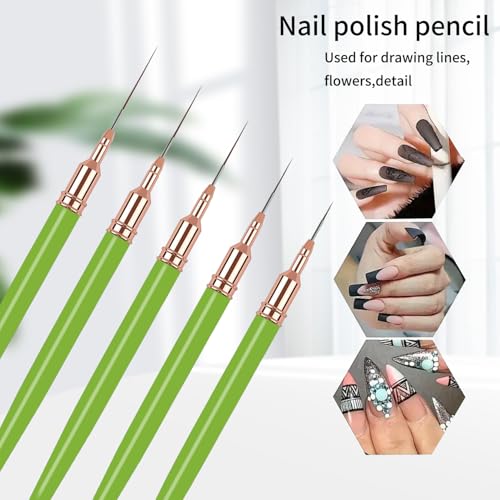 5PCS Liner Brushes for Nails, Nail Art Liner Brushes Set, 6/9/12/15/18mm Thin Detail Brush for Long Lines & Fine Drawing, UV Gel Polish Painting Nail Design Tools - Green - color: Green