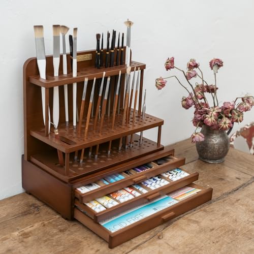 MEEDEN PRO Paint Brush Holder - 2 Tier Wooden Paint Brush Organizer - Large Capacity Art Supply Storage for Desk, Crafts - size: 2 Tier
