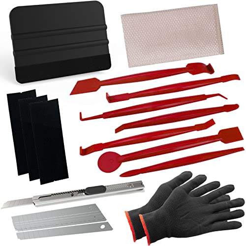 Vinyl Wrap Tool Kit Window Tint Kits for Automotive Vinyl Wrap, Window Film Installation, Include 7PCS Tinting Squeegee, Felt Squeegee, Vinyl Wrap Gloves, Cleaning Cloth and Snap-Off Utility Knife - color: Red