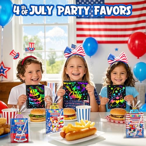 Party Favors for Kids: 24 Pack 4th of July Rainbow Scratch Art Notebook Classroom Supplies Bulk for Girls Boys Goodie Bags Stuffers, Independence Day Party Gift Kid Crafts - style: 24 Pack Independence Day