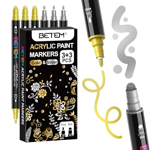 Betem 6 Gold&Silver Dual Tip Acrylic Paint Markers, Fabric Decorating Kits Premium Water-Based Acrylic Paint Pens Art Supplies for Fabric, Rock, Wood, Glass, Canvas, Ceramic, Teacher Appreciation Gift - color: Gold&Silver