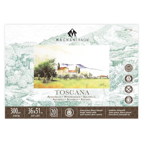 Magnani 1404 Toscana Rough 100% Cotton Watercolor Paper Block, 20 Sheets, 14x20, 140 lb, Acid-Free, UV Resistant, Vegan Sized Water Color Paper for Artists, Made in Italy - size: 14x20" Block